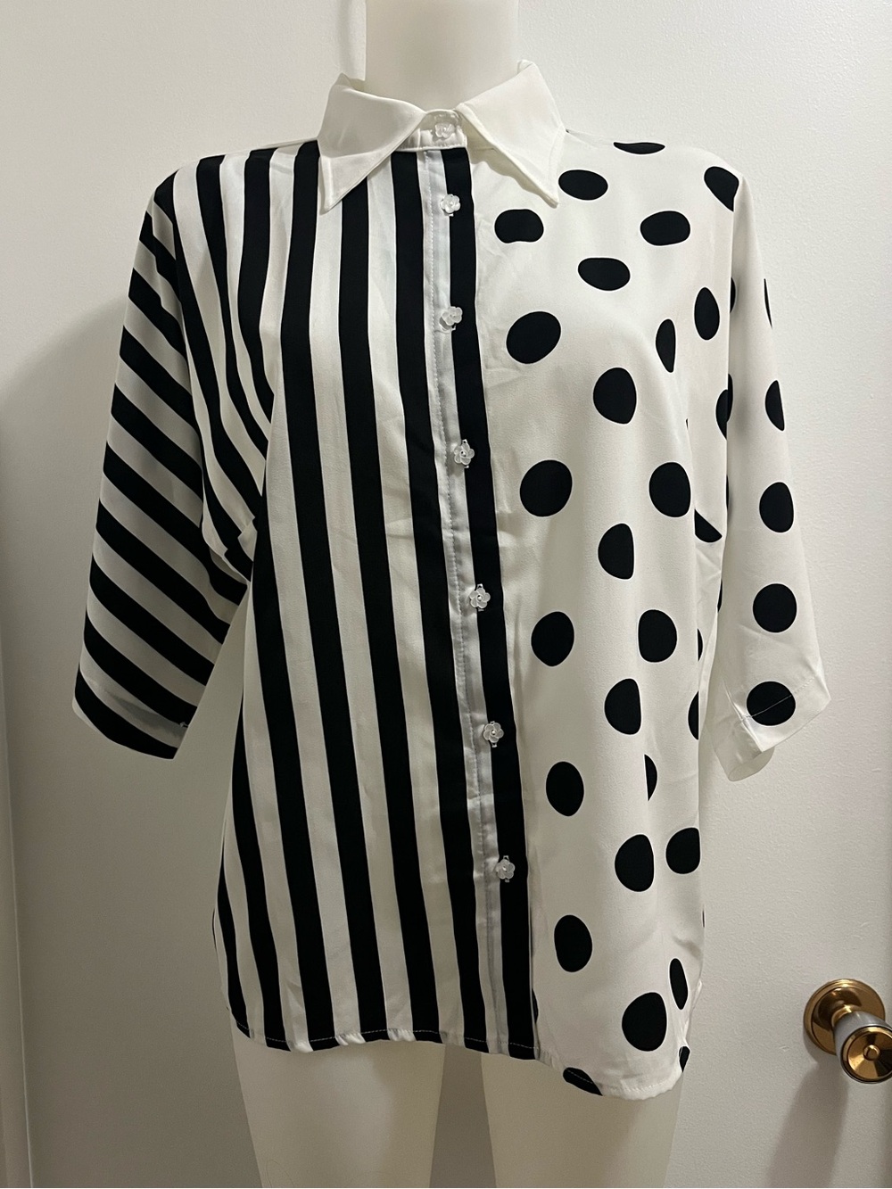 Black/White Stripes Polka Dot Blouse, Size Small *Fits Oversized*